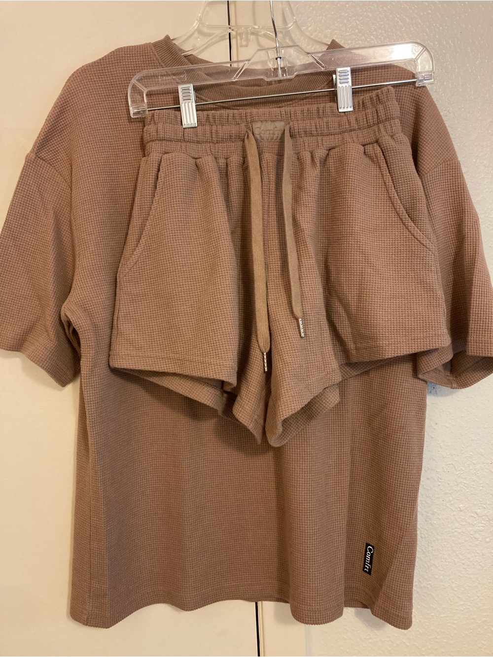 Comfrt Waffle Knit Oversized Shirt and Drawstring Shorts - Taupe